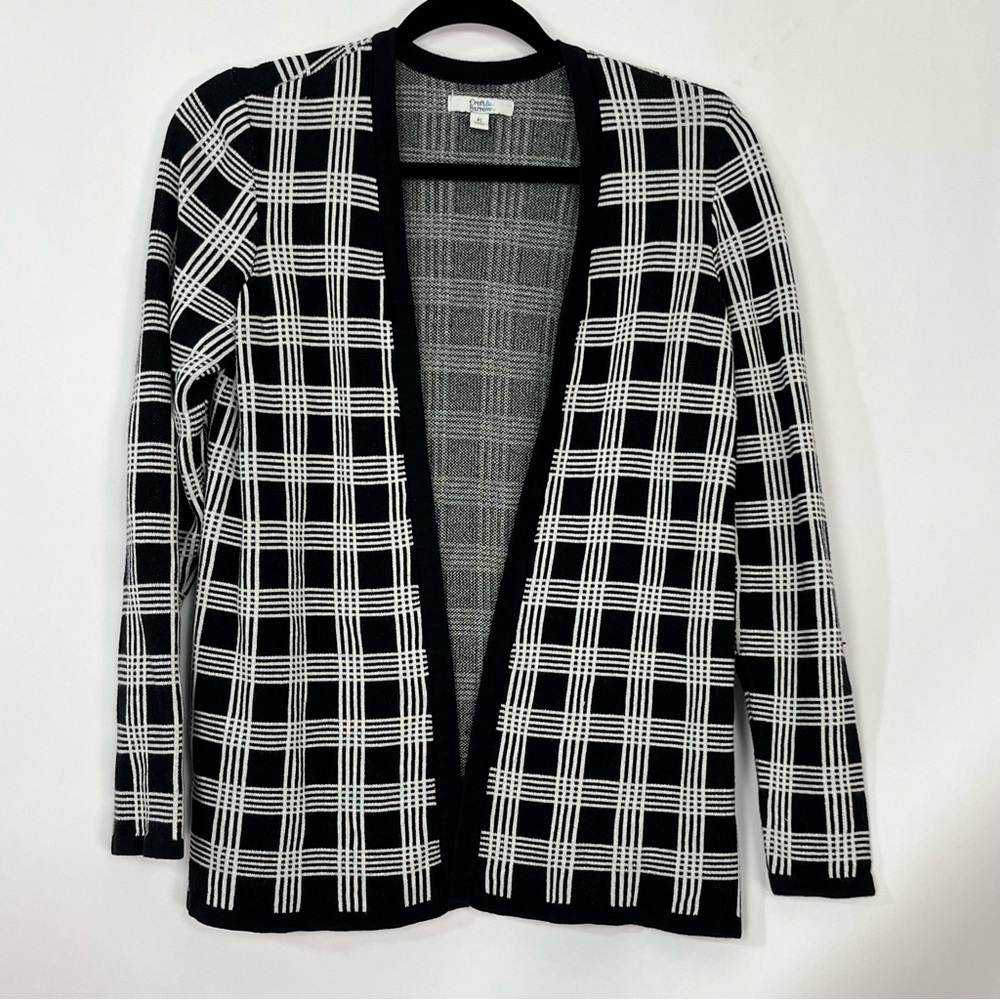 Croft and Barrow Black White Plaid Striped Open Front Cardigan Sz Petite Small